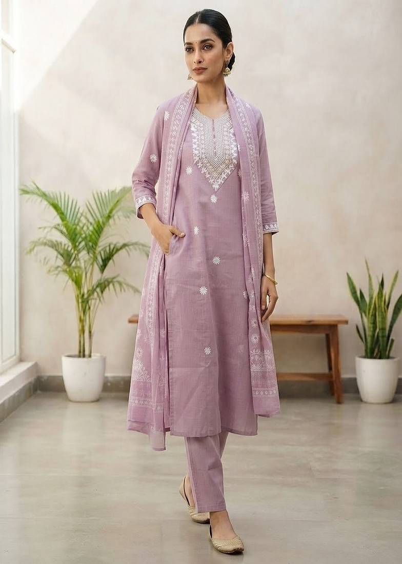 Women’s premium embroidered straight kurta set with pant & dupatta