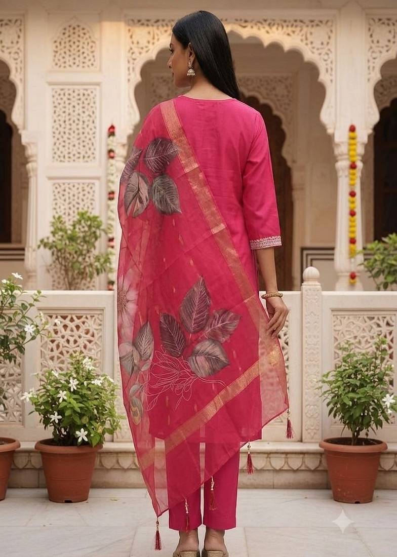 embroidered straight kurta set with pant & dupatta