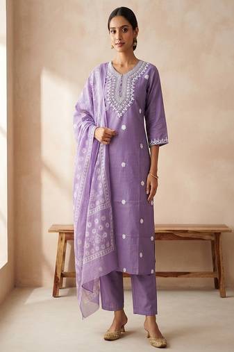 embroidered straight kurta set with pant & dupatta