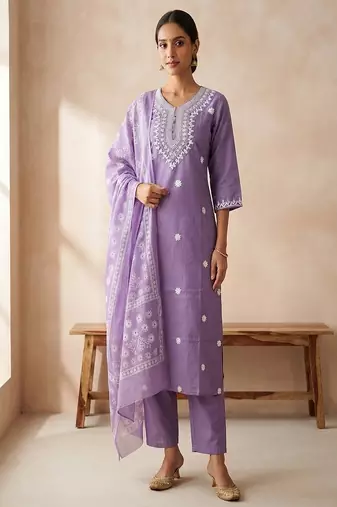 embroidered straight kurta set with pant & dupatta