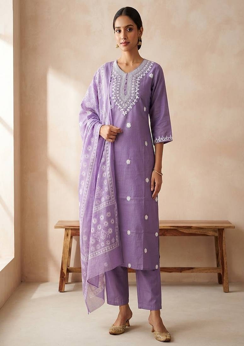 embroidered straight kurta set with pant & dupatta