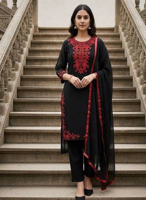 embroidered straight kurta set with pant & dupatta 1