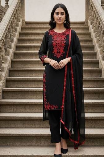 embroidered straight kurta set with pant & dupatta