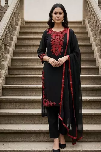 embroidered straight kurta set with pant & dupatta