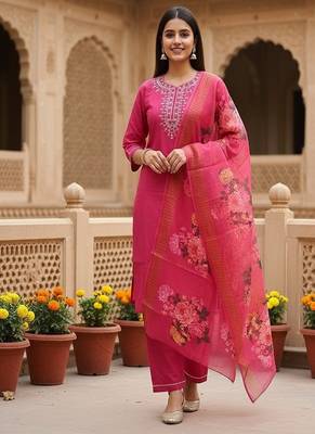 embroidered straight kurta set with pant & dupatta 1