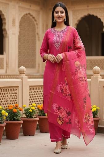 embroidered straight kurta set with pant & dupatta