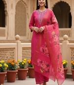 embroidered straight kurta set with pant & dupatta