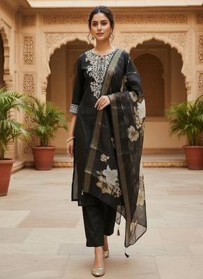 embroidered straight kurta set with pant & dupatta 4