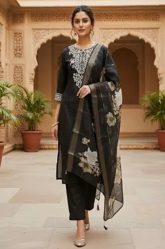 embroidered straight kurta set with pant & dupatta