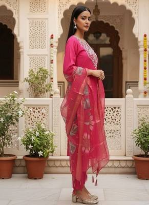 embroidered straight kurta set with pant & dupatta 3