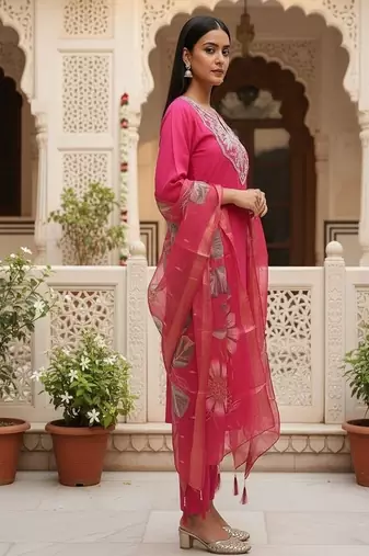 embroidered straight kurta set with pant & dupatta