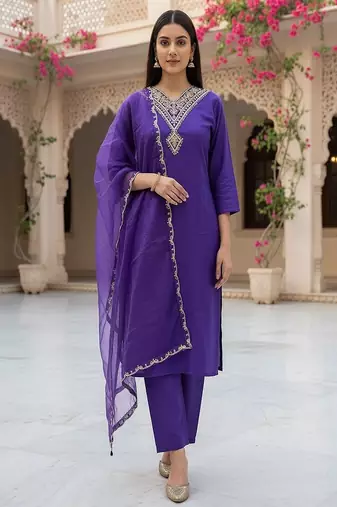 embroidered straight kurta set with pant & dupatta