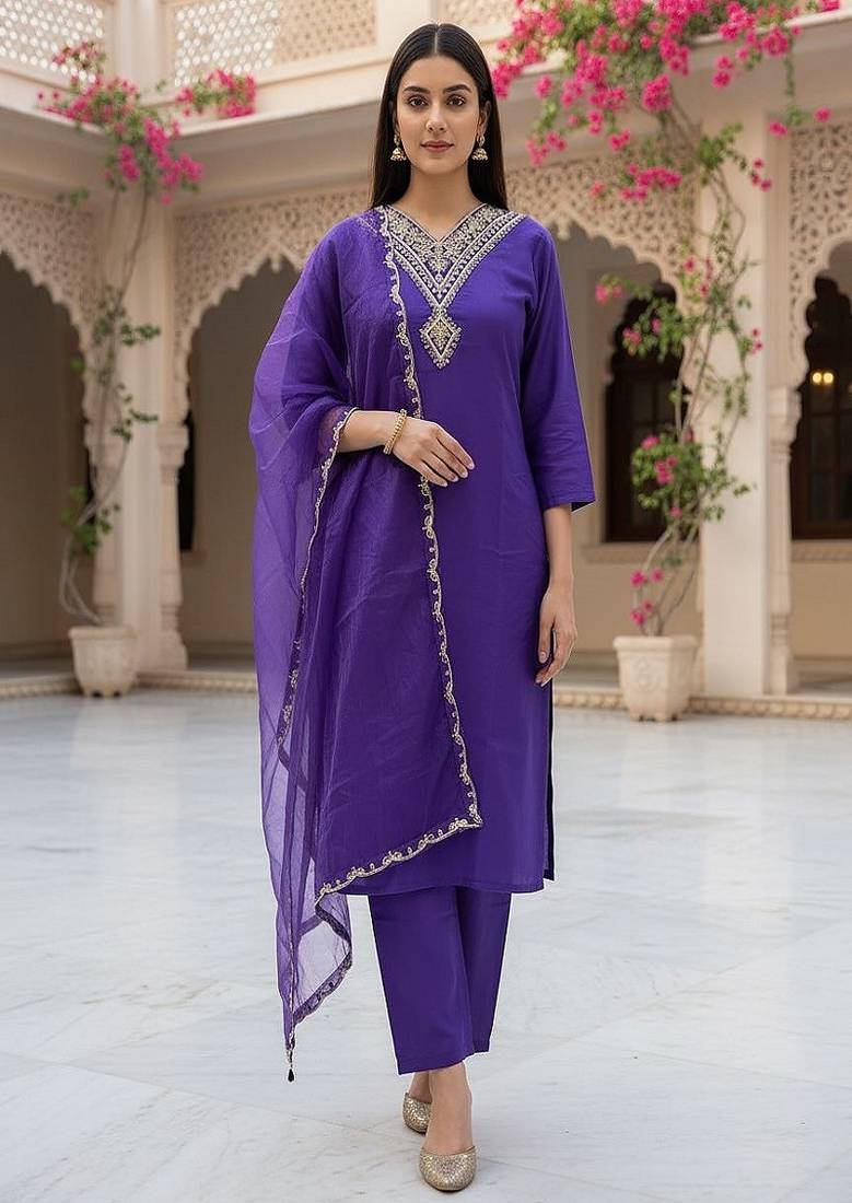 embroidered straight kurta set with pant & dupatta