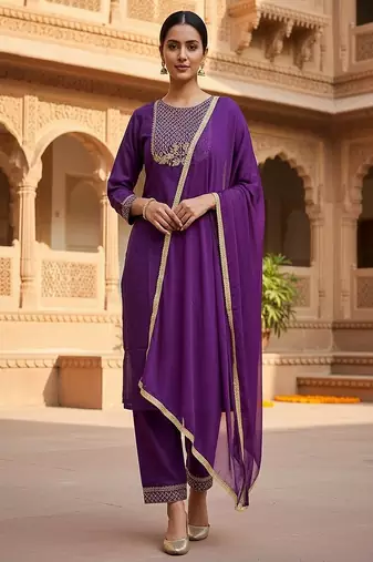 embroidered straight kurta set with pant & dupatta