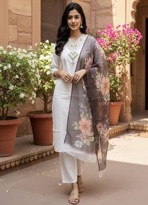 embroidered straight kurta set with pant & dupatta 1