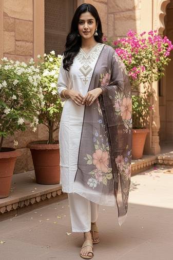 embroidered straight kurta set with pant & dupatta