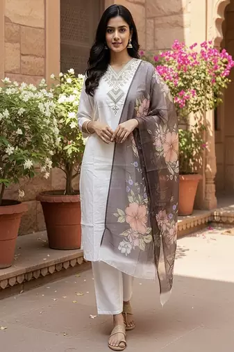 embroidered straight kurta set with pant & dupatta