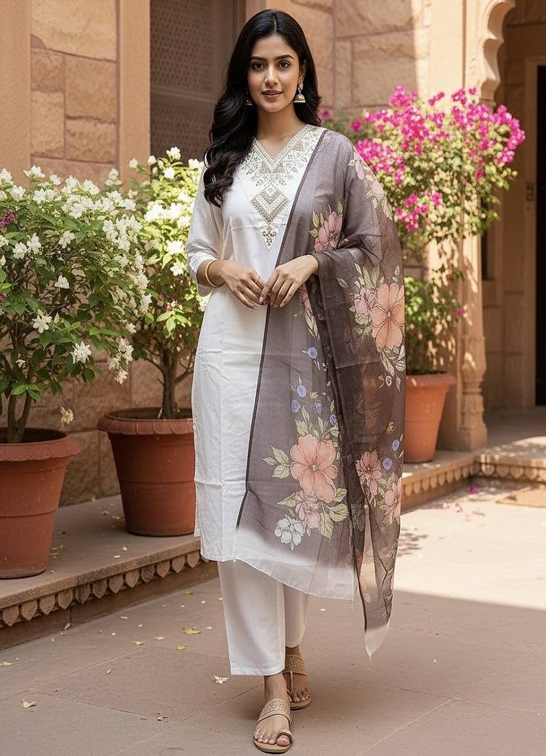 embroidered straight kurta set with pant & dupatta