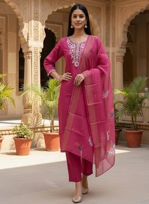 Women’s premium embroidered straight kurta set with pant & dupatta 1