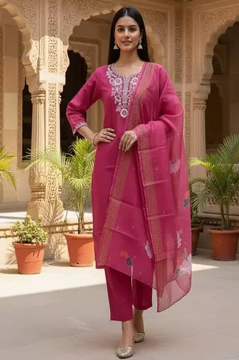 Women’s premium embroidered straight kurta set with pant & dupatta