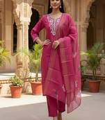 Women’s premium embroidered straight kurta set with pant & dupatta