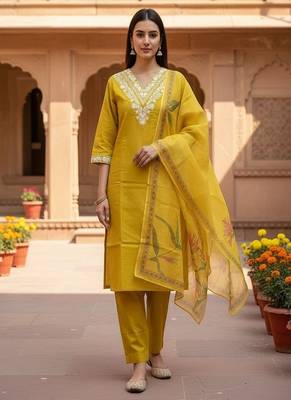 embroidered straight kurta set with pant & dupatta 1