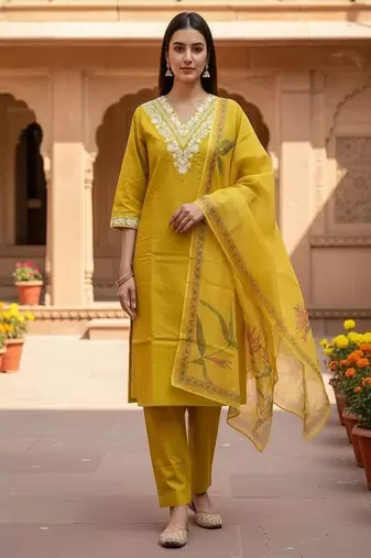 embroidered straight kurta set with pant & dupatta