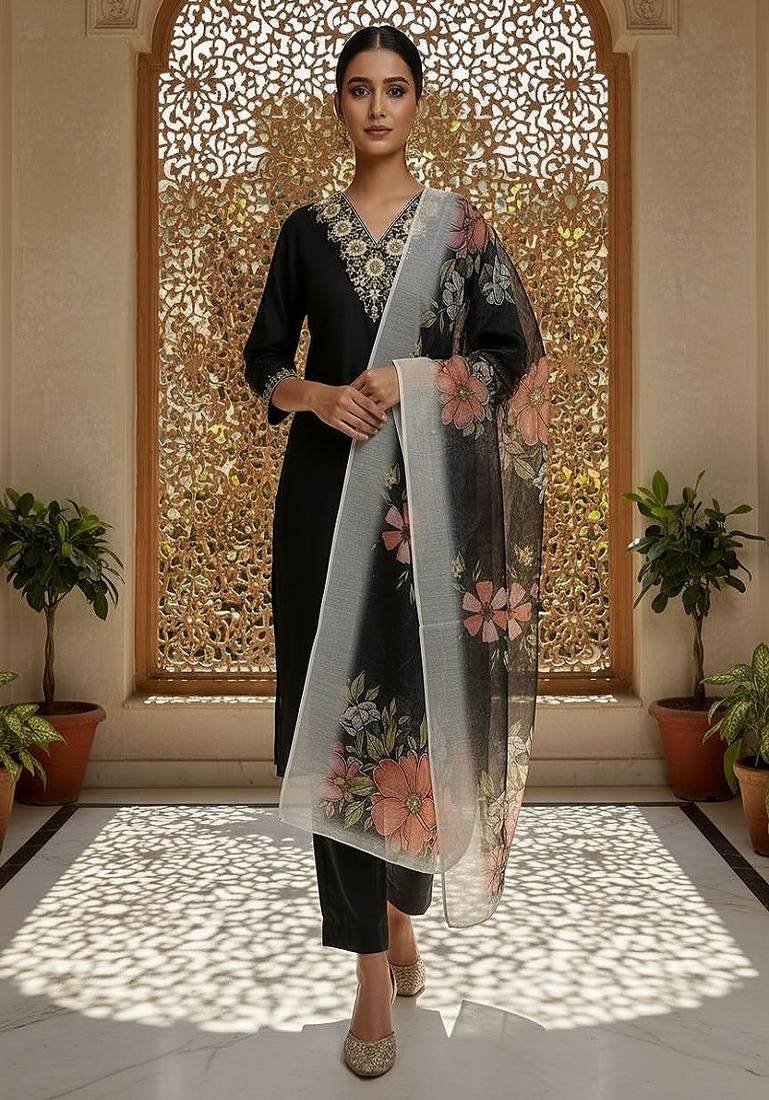 Women’s premium embroidered straight kurta set with pant & dupatta