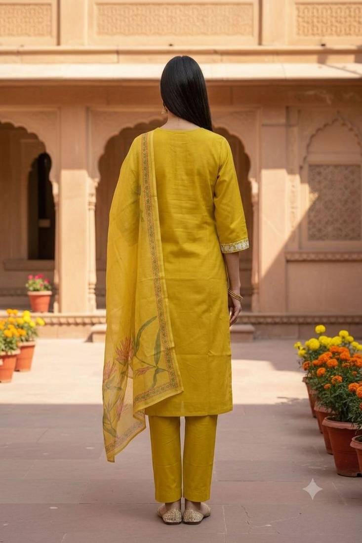 embroidered straight kurta set with pant & dupatta