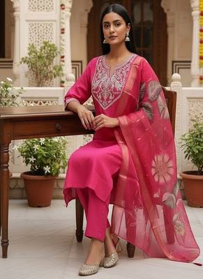 embroidered straight kurta set with pant & dupatta 4