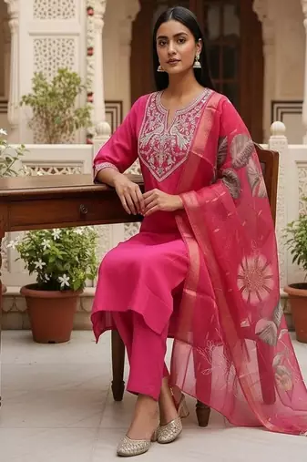 embroidered straight kurta set with pant & dupatta