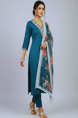 embroidered straight kurta set with pant & dupatta 1