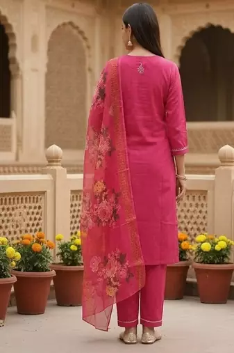 embroidered straight kurta set with pant & dupatta