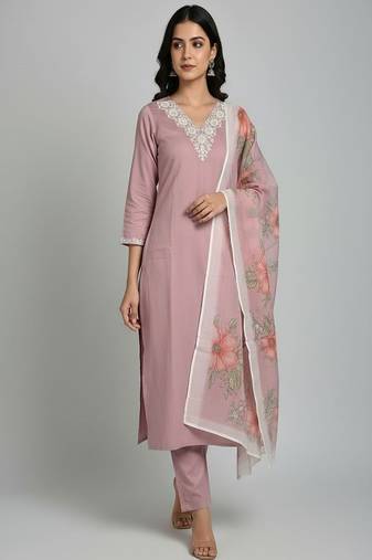 embroidered straight kurta set with pant & dupatta