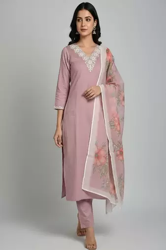 embroidered straight kurta set with pant & dupatta