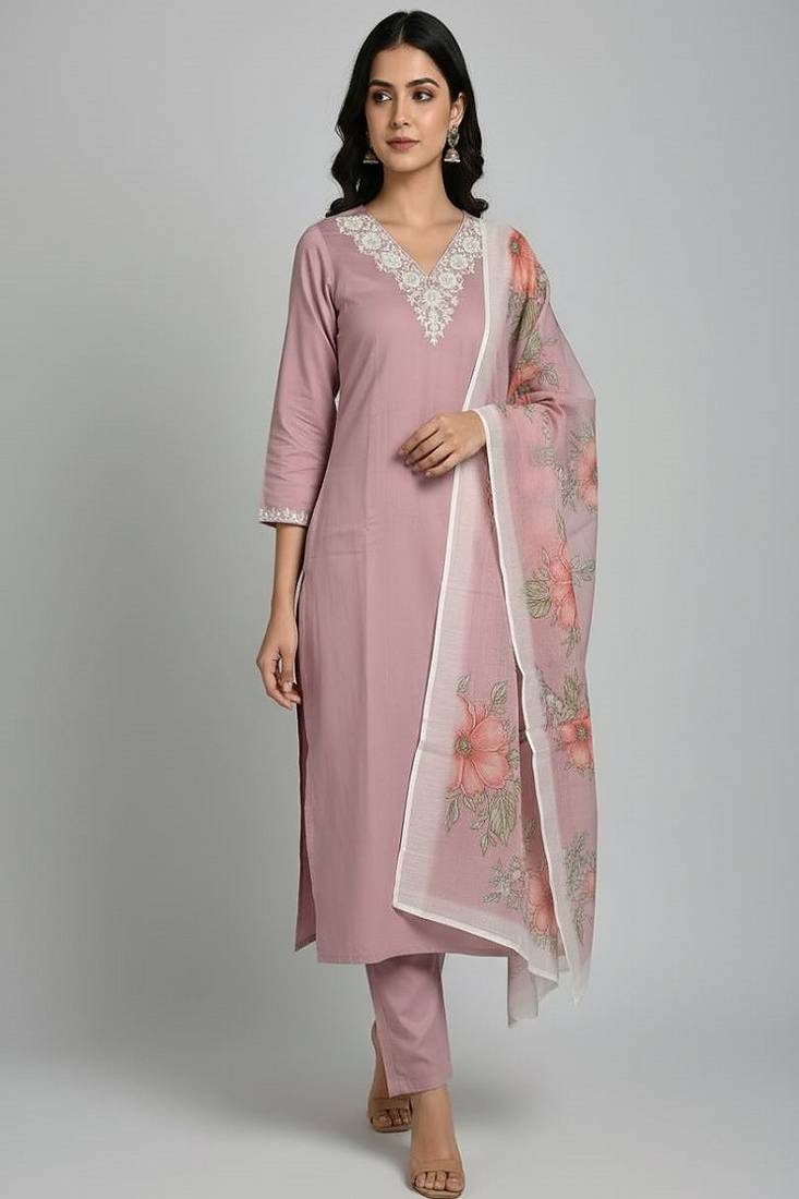 embroidered straight kurta set with pant & dupatta