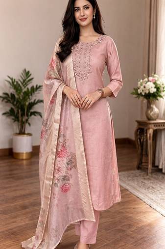 embroidered straight kurta set with pant & dupatta
