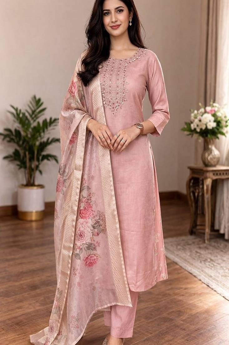 embroidered straight kurta set with pant & dupatta