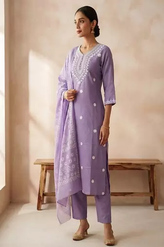 embroidered straight kurta set with pant & dupatta