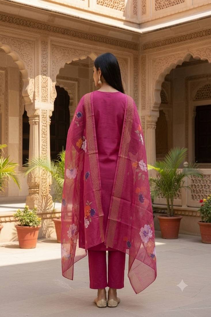 Women’s premium embroidered straight kurta set with pant & dupatta