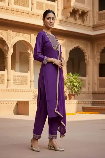 embroidered straight kurta set with pant & dupatta