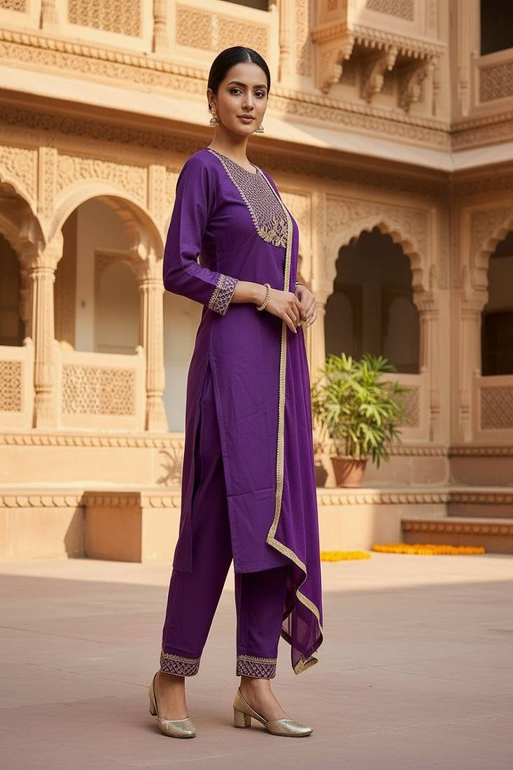 embroidered straight kurta set with pant & dupatta