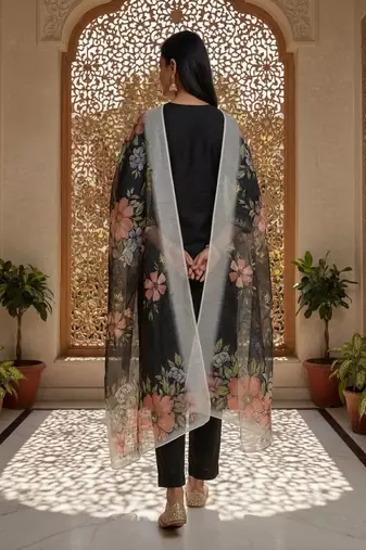Women’s premium embroidered straight kurta set with pant & dupatta