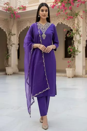 embroidered straight kurta set with pant & dupatta
