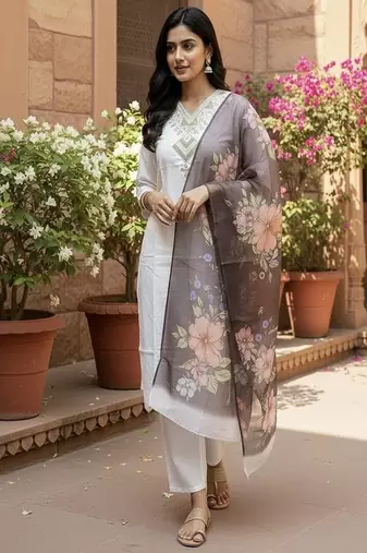 embroidered straight kurta set with pant & dupatta