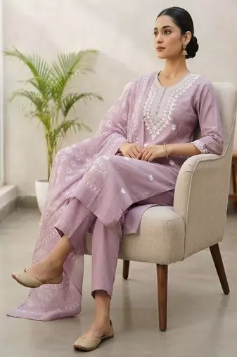 Women’s premium embroidered straight kurta set with pant & dupatta