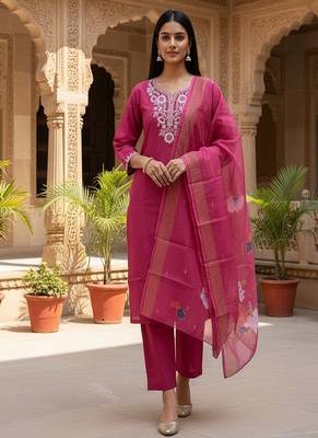 Women’s premium embroidered straight kurta set with pant & dupatta 3