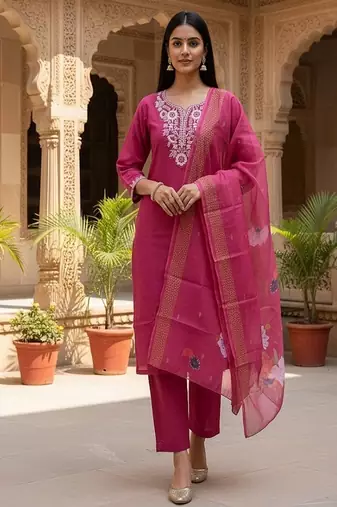 Women’s premium embroidered straight kurta set with pant & dupatta