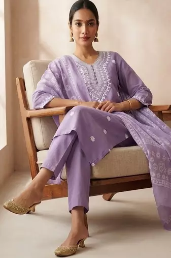 embroidered straight kurta set with pant & dupatta