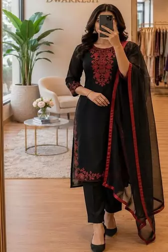 embroidered straight kurta set with pant & dupatta
